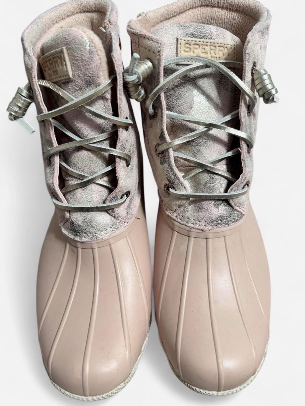 Sperry Saltwater Metallic Camouflage Duck Boot Pink & silver US 8.5